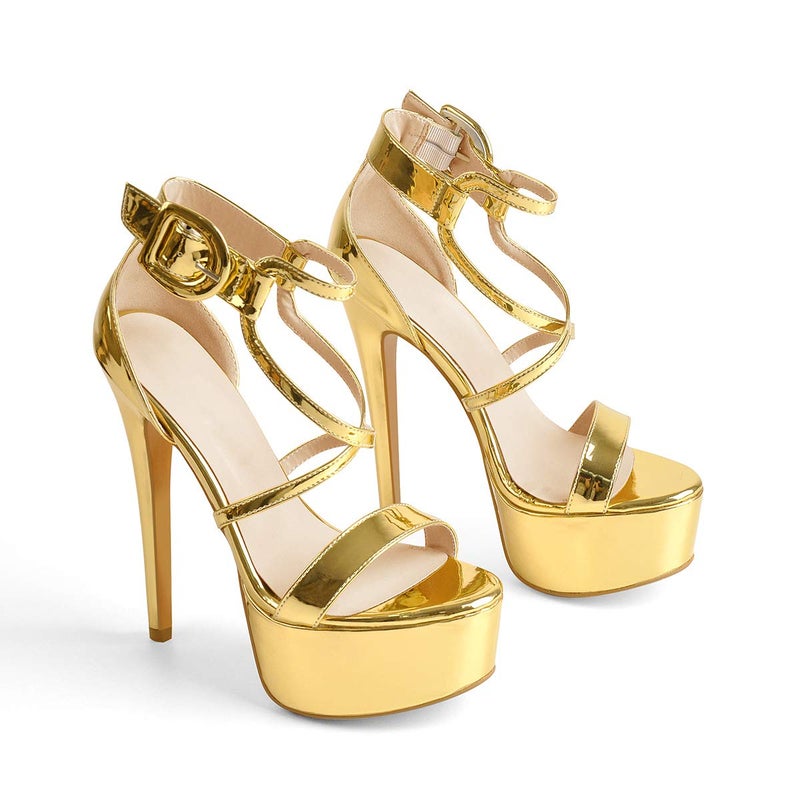 LISHAN High Heels for Women Stiletto Platform Ankle Strap Crisscross Sandals Open Toe Single Band Fashion Shoes Gold Size 9 - Image 1